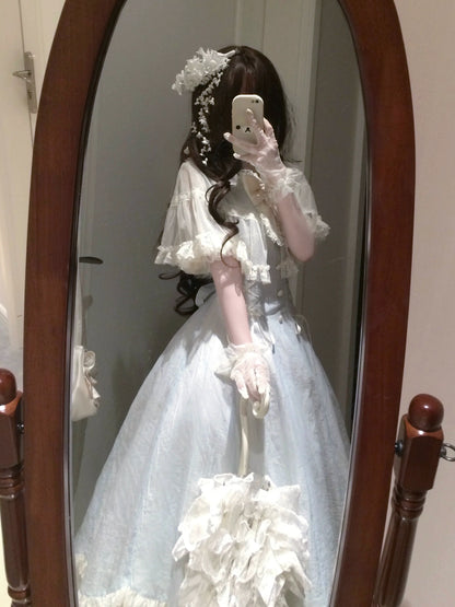 Kuma - Little Wind Chime - Elegant Lolita OP Water Blue Dress With Decorative Tulle Cape