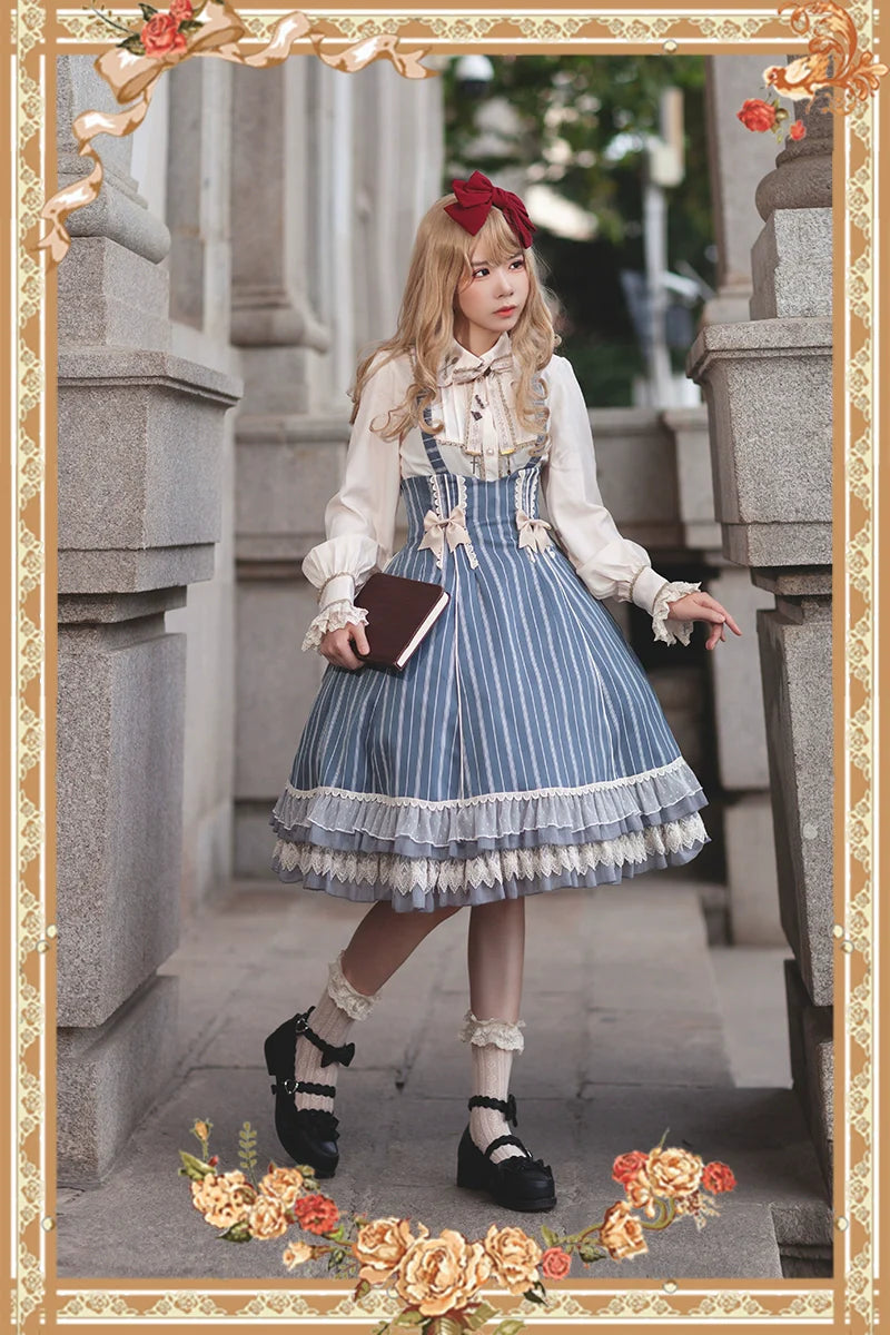 Infanta - Elegant Lolita Stripe High-waist Jumper Dress Set and Cape