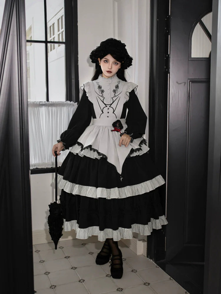 With PUJI - Castle Night - Gothic Twins Lolita OP Three-tiered Embroidery Dress