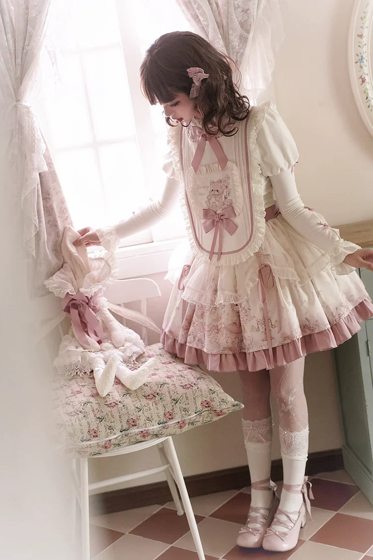 Half Sweet Lolita - Doll Garden - Sweet Lolita JSK Dress Cat Print Pink Dress Set