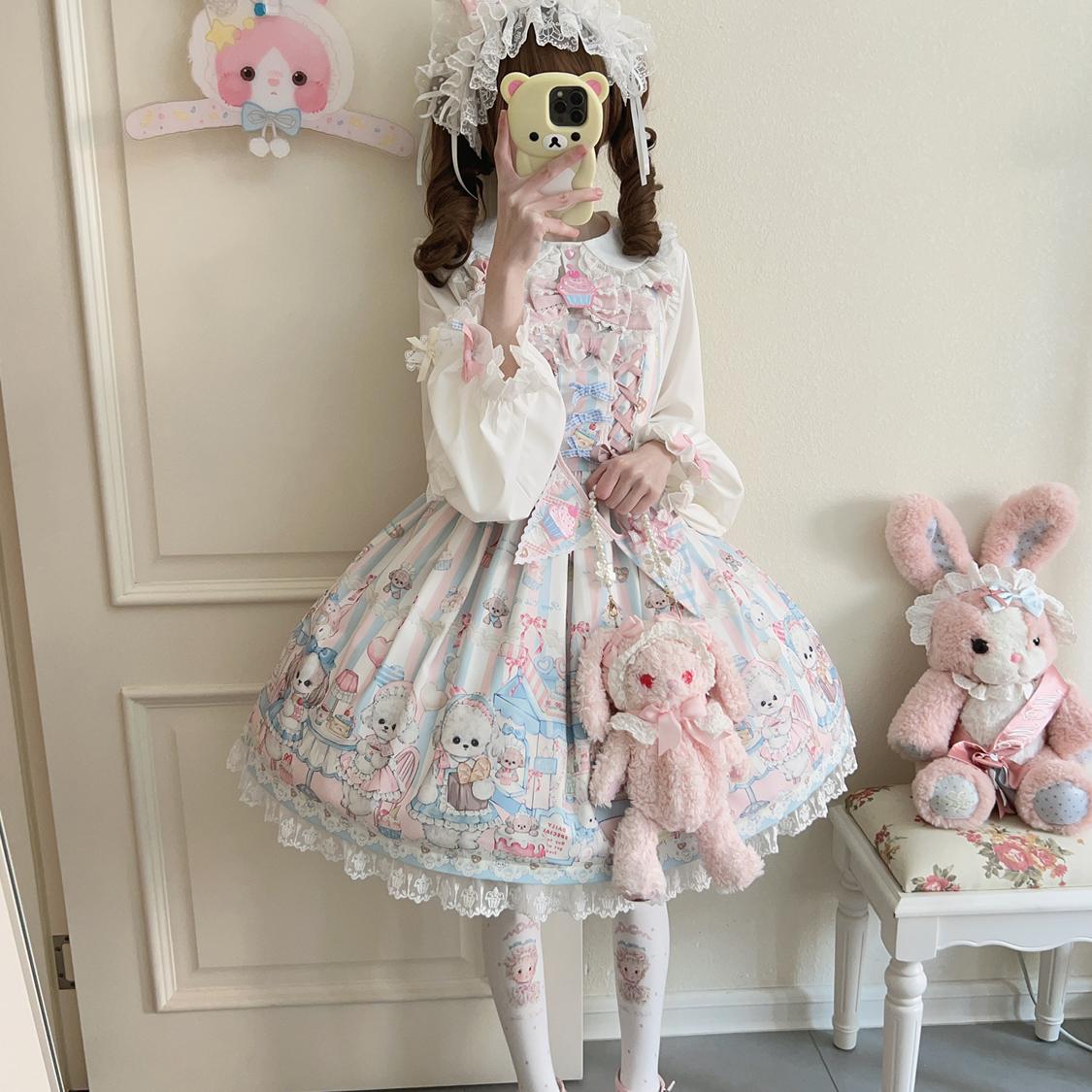 Hanguliang - Sweet Tea Party - Kawaii Lolita JSK Puppy Printed Dress with Sash