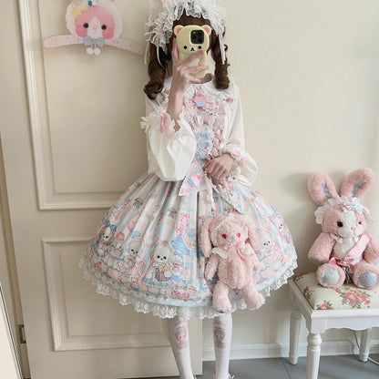 Hanguliang - Sweet Tea Party - Kawaii Lolita JSK Puppy Printed Dress with Sash