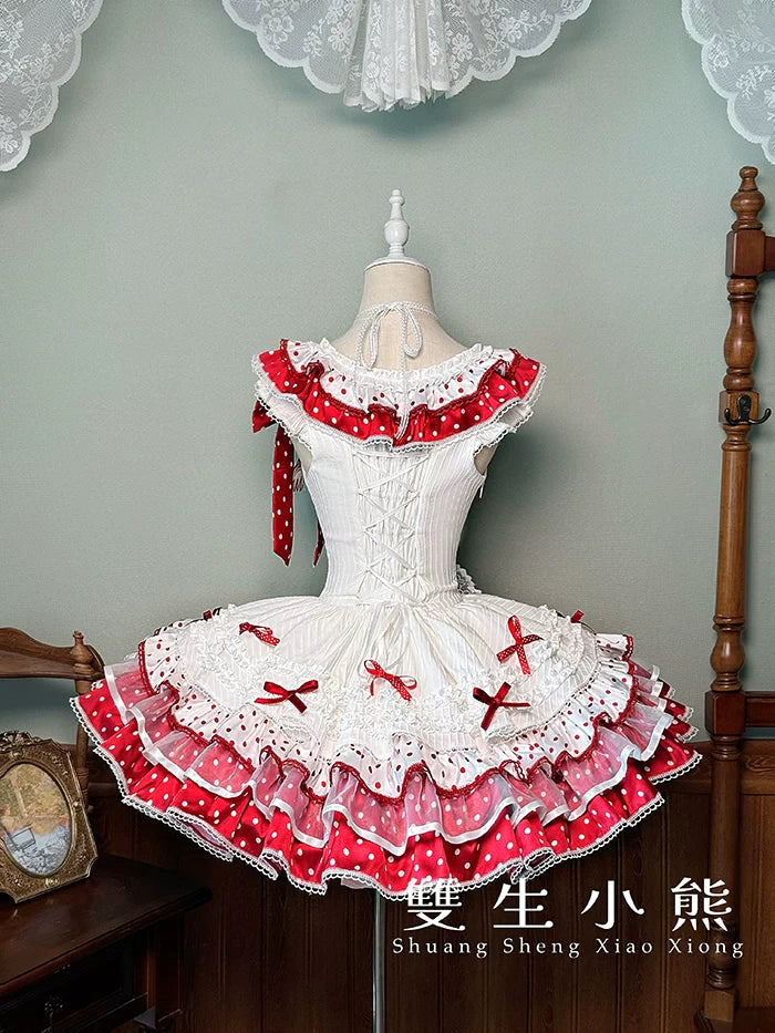 Shuang Sheng Xiao Xiong - Bite The Cake - Sweet Lolita Dress, Red & White Polka Dots