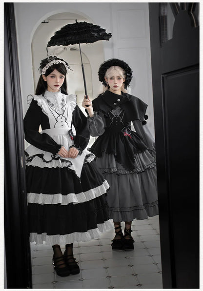 With PUJI - Castle Night - Gothic Twins Lolita OP Three-tiered Embroidery Dress