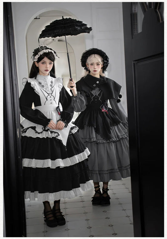 With PUJI - Castle Night - Gothic Twins Lolita OP Three-tiered Embroidery Dress