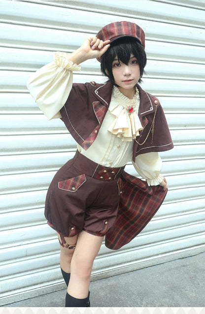 Forest Fluorescent Carps - Queen's Game - Military Lolita OP, Ouji Plaid Lolita Dress Set