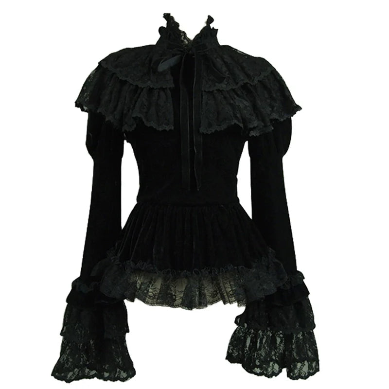Lace Garden - Black Lolita Cape Velvet Winter Lolita Short Shirt