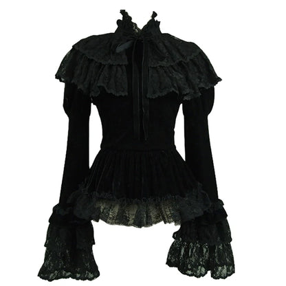 Lace Garden - Black Lolita Cape Velvet Winter Lolita Short Shirt