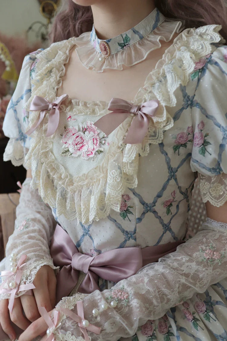 Moon River - Elegant Lolita OP Dress Short Sleeve Square Neckline Print Dress