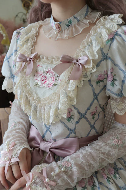 Moon River - Elegant Lolita OP Dress Short Sleeve Square Neckline Print Dress