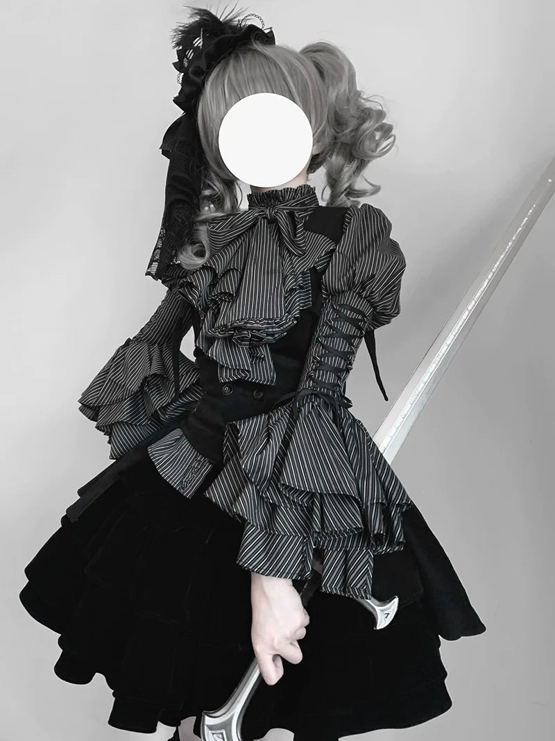 FlowerFairyDaily - Gothic Lolita Striped Shirt With Alternative NeckTie/Jabot