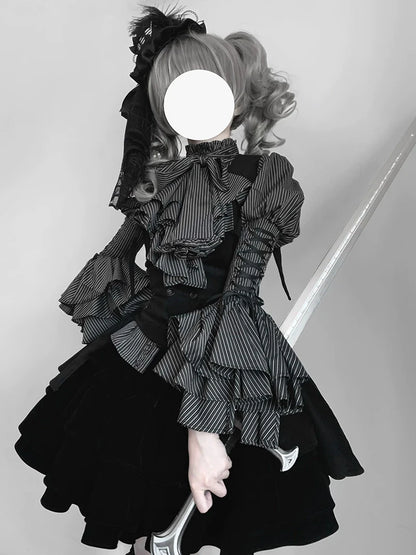 FlowerFairyDaily - Gothic Lolita Striped Shirt With Alternative NeckTie/Jabot