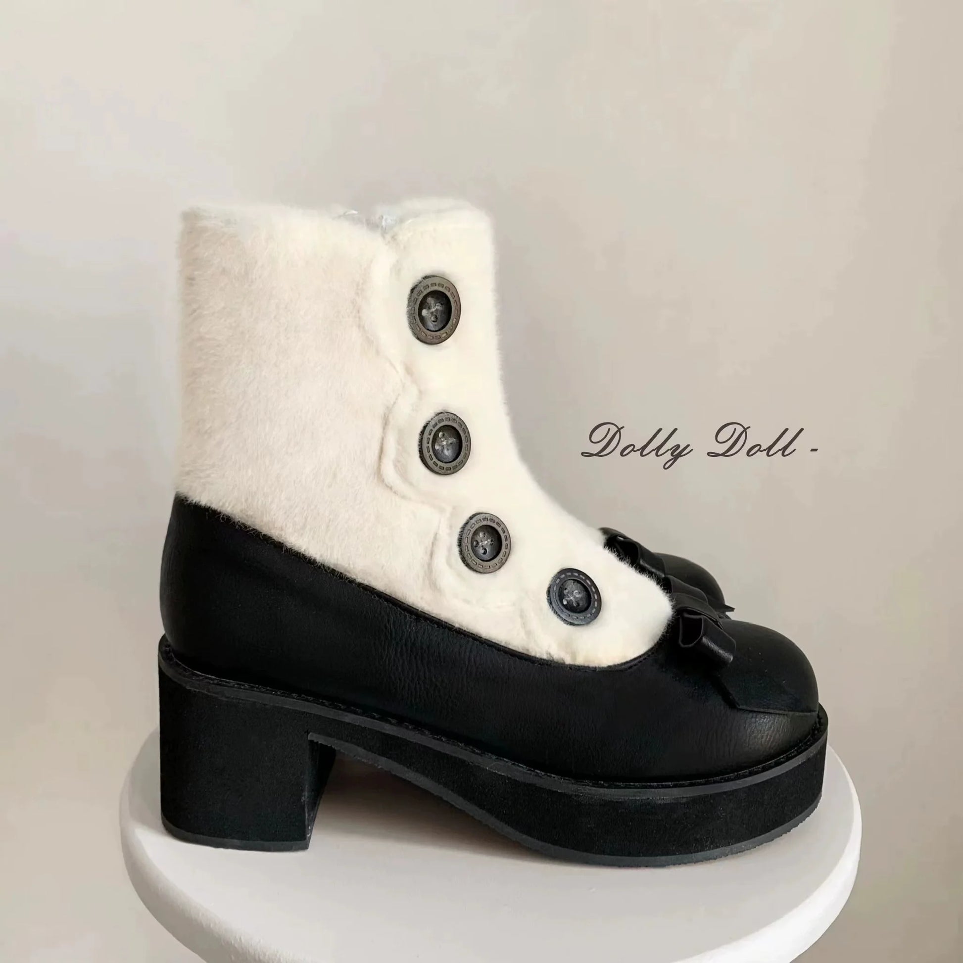Dolly Doll - Winter Lolita Boots Fur Mary Jane Lolita Low Heel Shoes