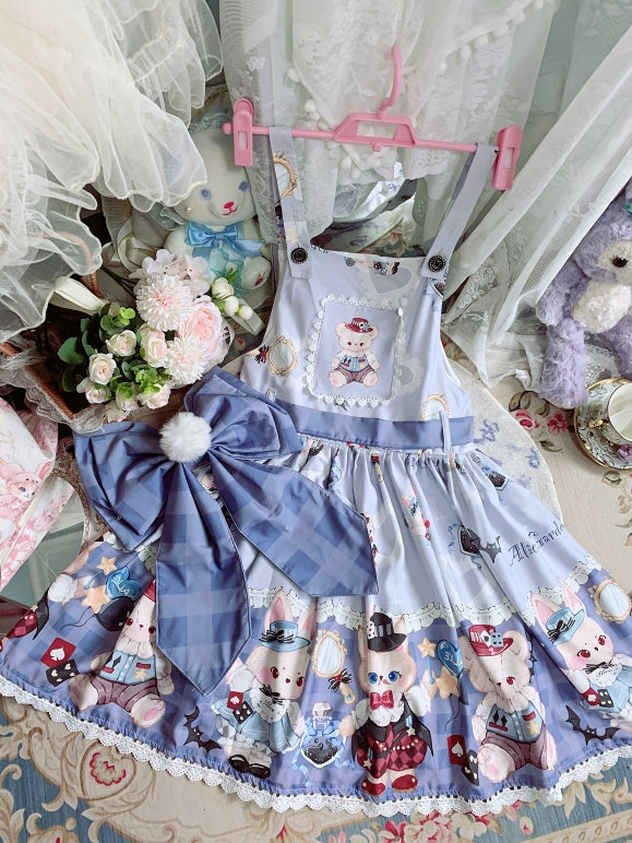 Night Never Sleeps - Bunny Meow Bear - Kawaii Lolita Salopette Bear Print Dress