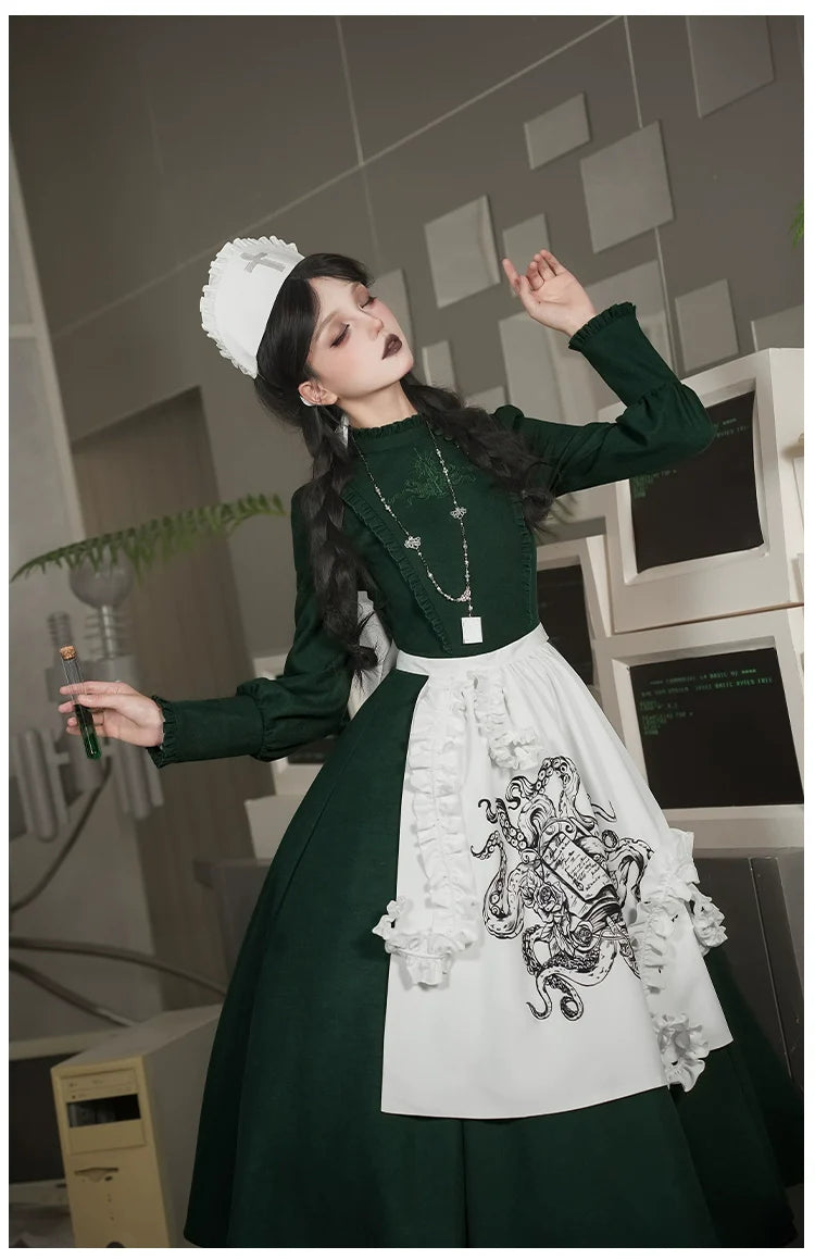 With PUJI - Letter and Poetry ﾂｷ Abyss Clinic - Gothic Lolita Green Dress Set