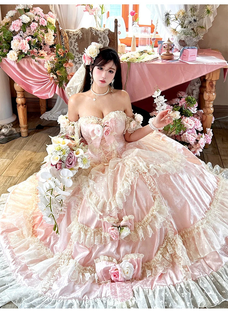 Diamond Honey - Love and Roses - Princess Bridal Wedding Lolita Dress With Rose Detail and Tiered Skirt