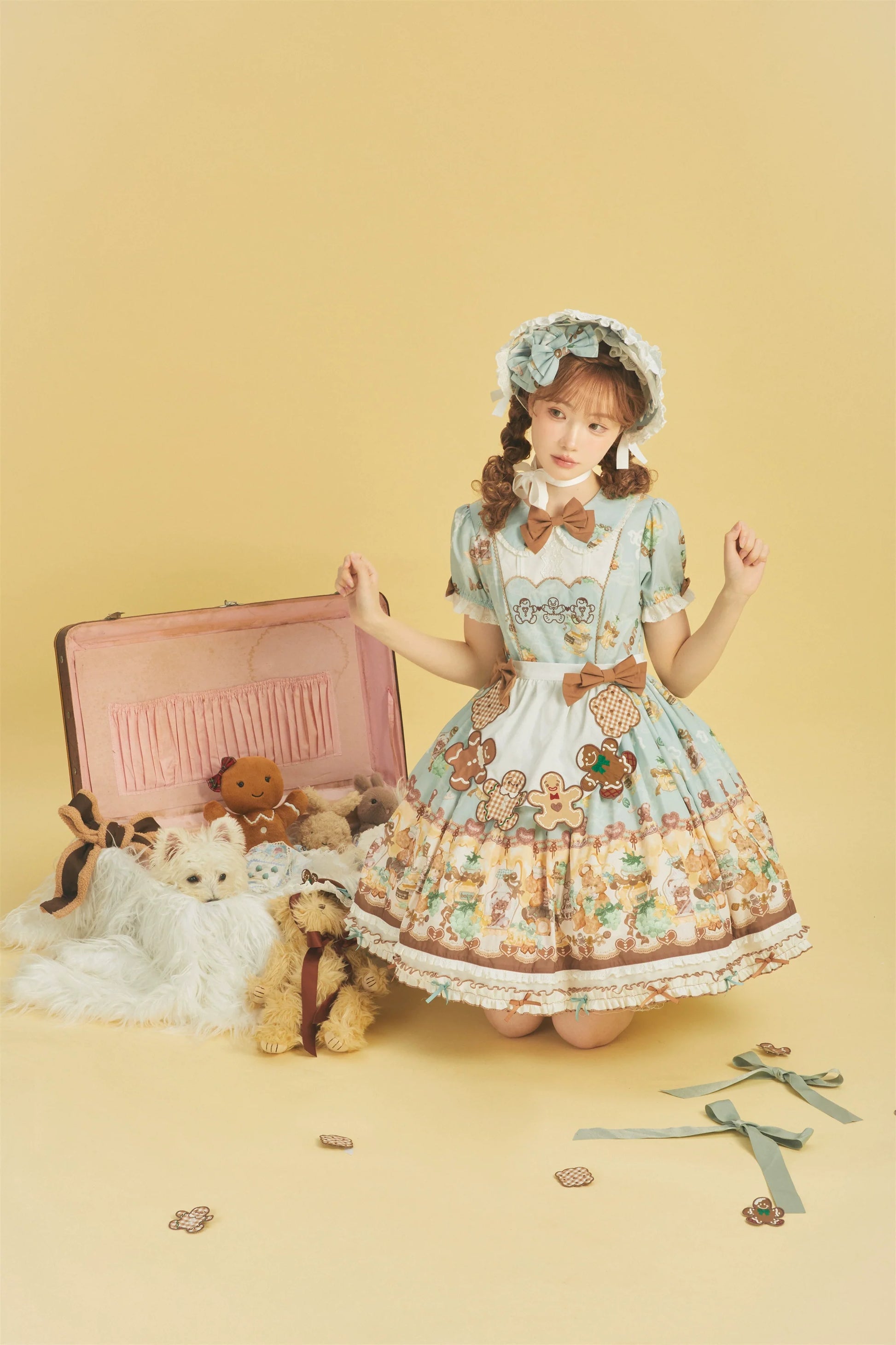 Babyblue - Little Bear Honey Jar - Kawaii Lolita Short Sleeve OP Gingerbread Man Embroidered Dress