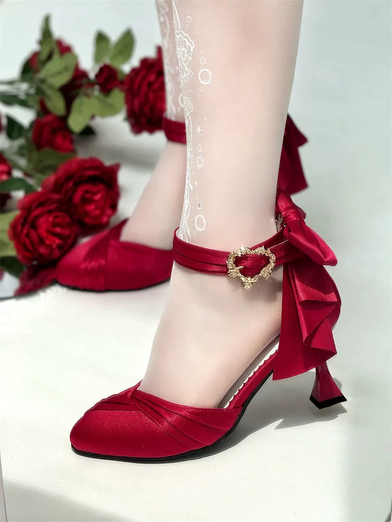 MR.Qiutian - Coronation - Elegant Lolita Shoes Satin Heels With Rose Buckle & Bow Clip
