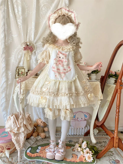 Ilovexiaolu - Meow Lullaby - Cotton Kawaii Lolita OP Dress with Removable Kitty Apron