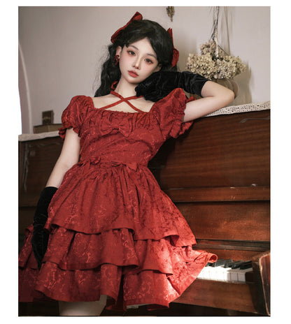 Eieyom - Elegant Lolita Short Sleeve Red Dress