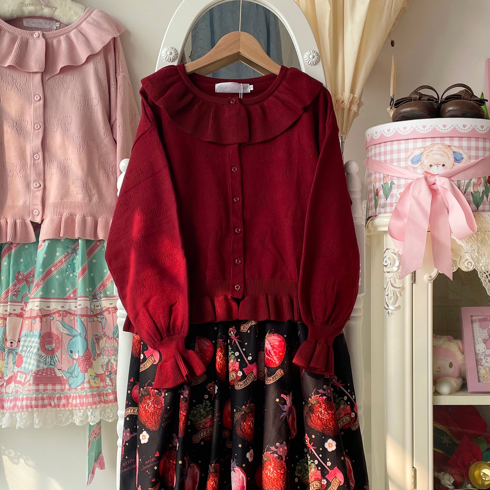 MIST - Vintage Lolita Bow Hollowed-out Sweater Ruffled Cardigan