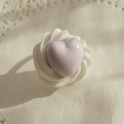 Cat Tea Party - Cute Lolita Ring Handmade Clay Cream Heart Shape Adjustable Ring