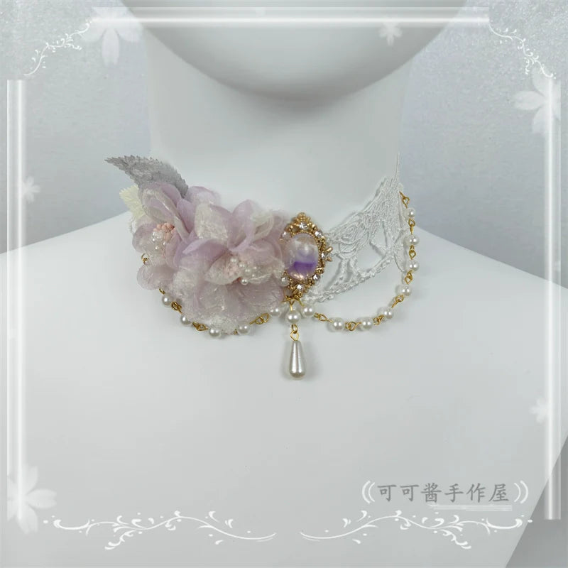 Cocoa Jam - Elegant Lolita Necklace Rose Gemstones and Pearl Necklace