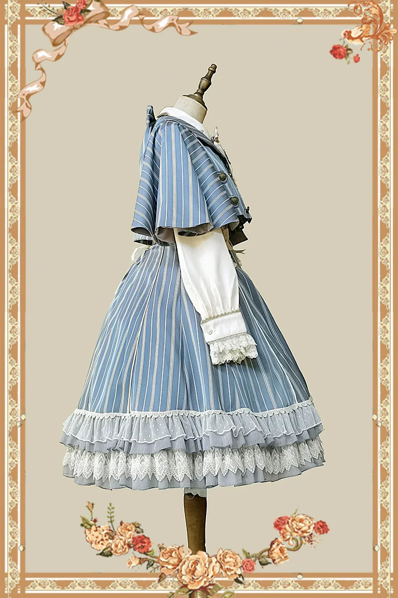 Infanta - Elegant Lolita Stripe High-waist Jumper Dress Set and Cape