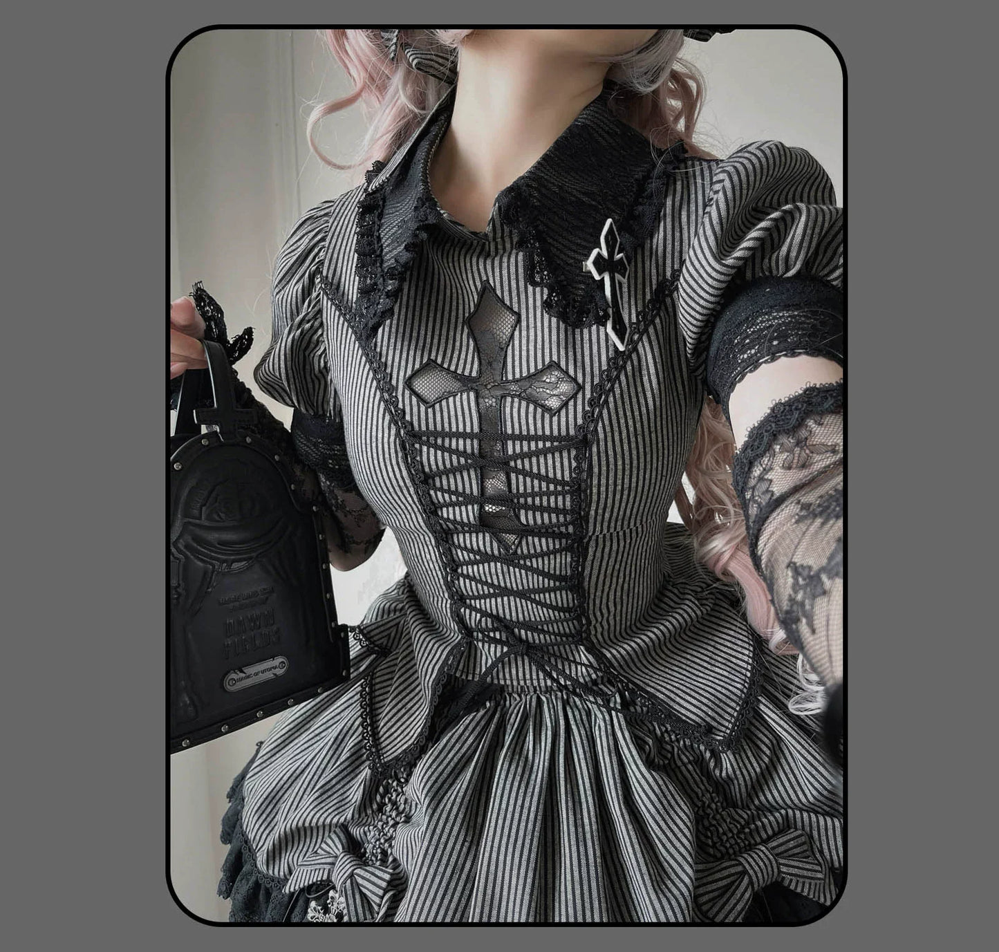 Susin Lolita - Striped Cross - Gothic Coordinated Lolita Set, Adjustable Blouse & Skirt
