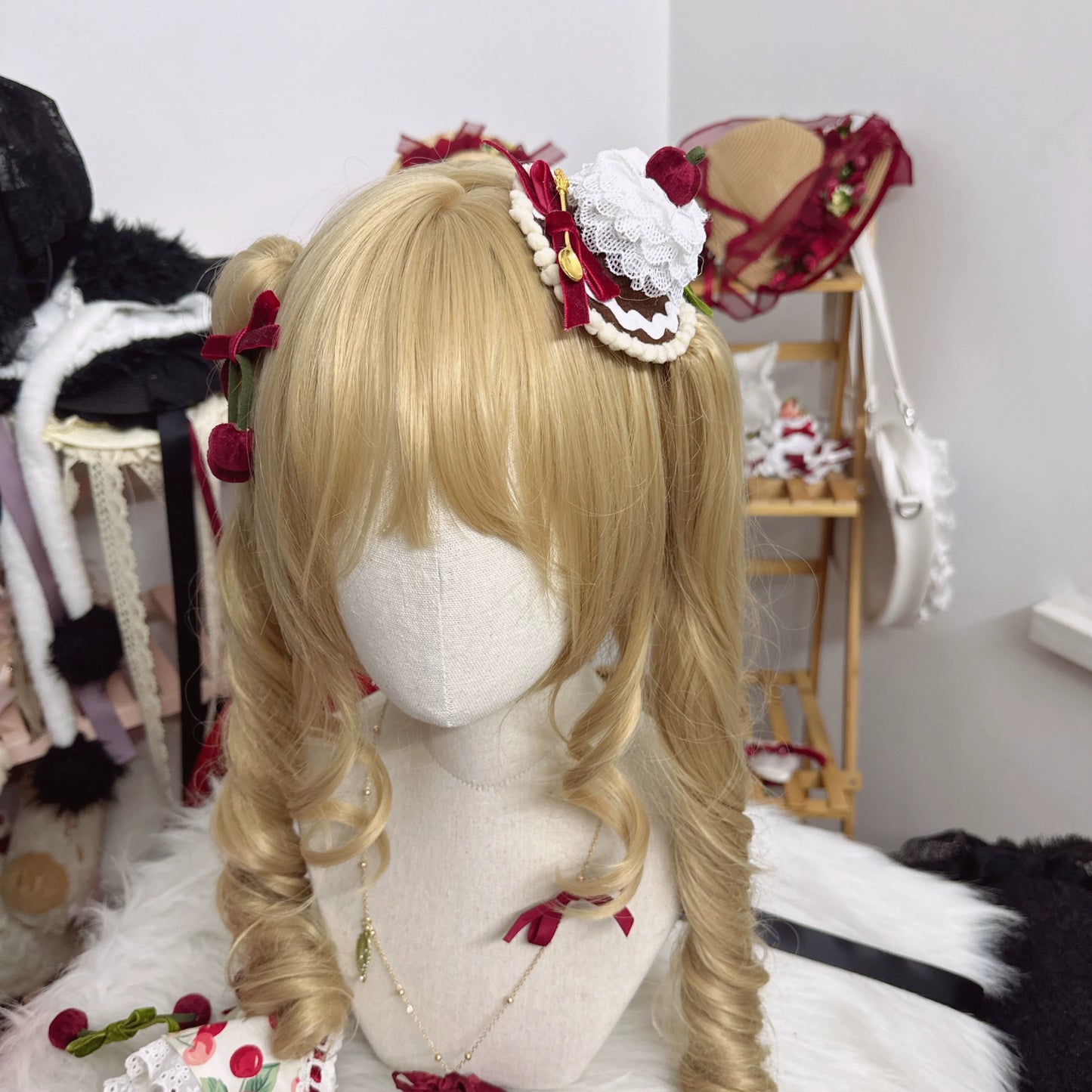 Chestnut Lolita - Sweet Lolita Headdress Cherry Hair Clip Straw Hat Necklace Handmade Set