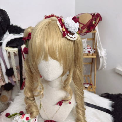 Chestnut Lolita - Sweet Lolita Headdress Cherry Hair Clip Straw Hat Necklace Handmade Set