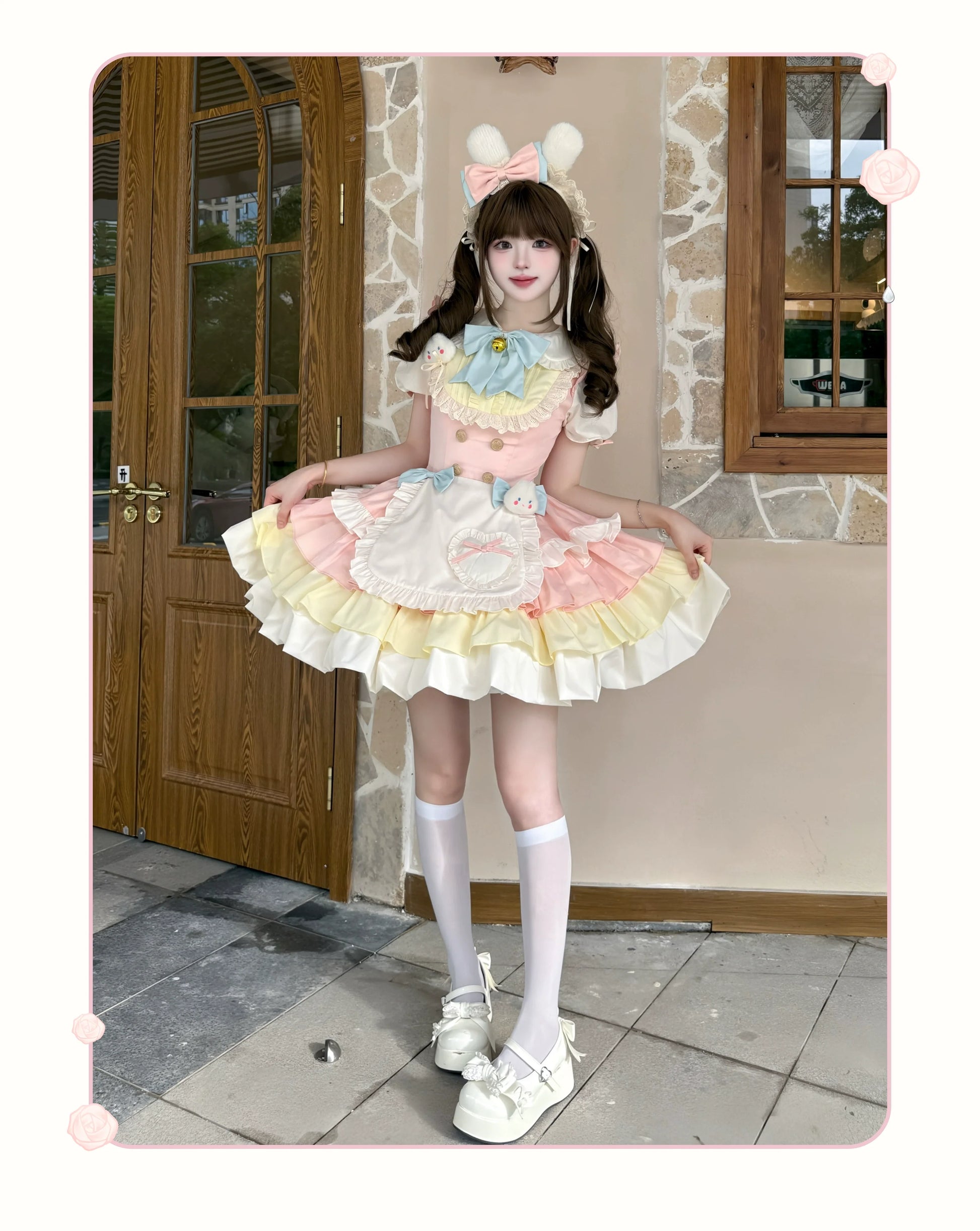 Platycodon House - Cream Puff - Sweet Lolita Apron OP Dress, Bunny & Bear Details