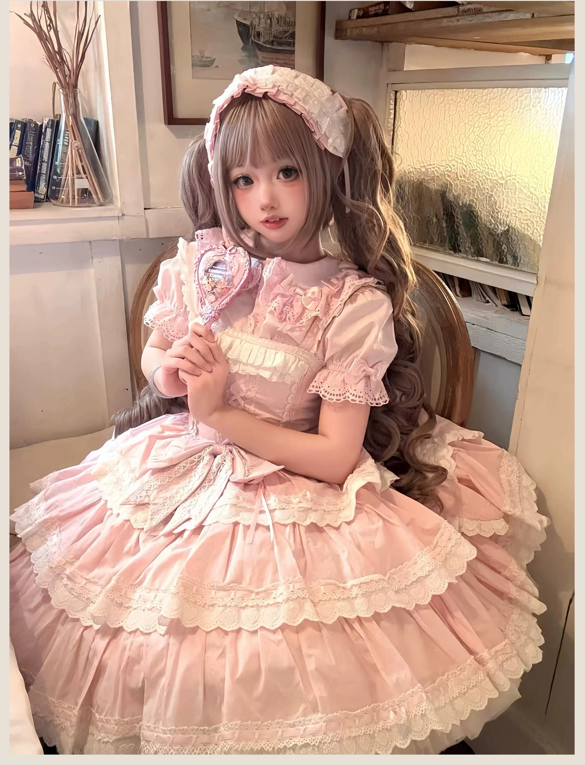 TaTaTa Lolita - Otome Heart - Cotton Old School Lolita JSK Dress Suit, Heart-Shaped Lace Trim