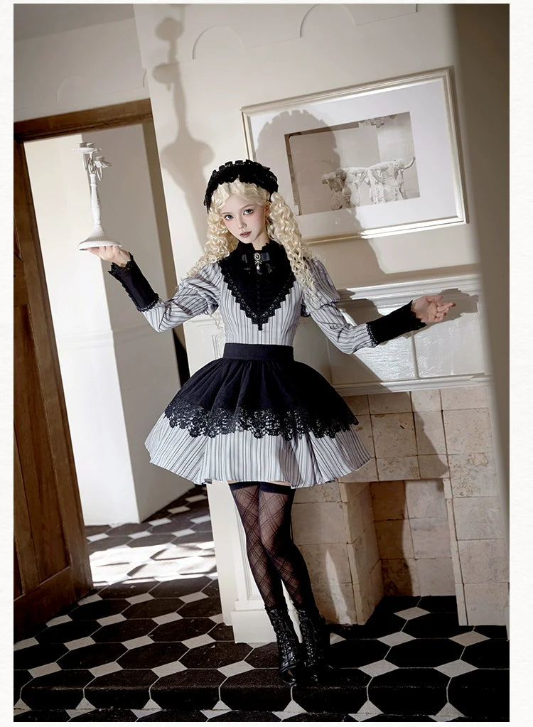 With PUJI - Nocturne SP - Striped Gothic Lolita OP Twin Lolita Dress with Apron