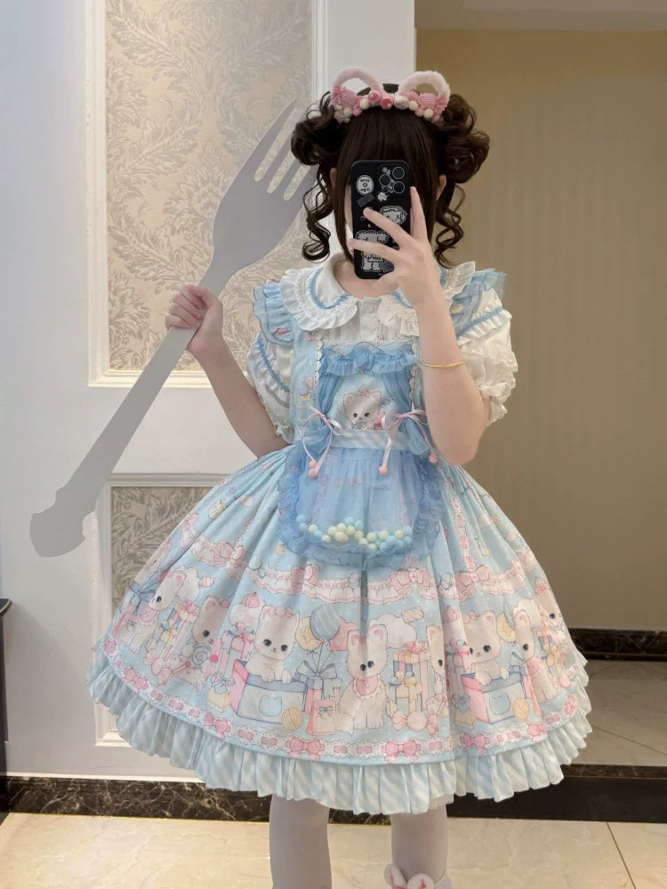 Suiyi - Meow Pompom - Sweet Lolita Salopette Dress Suit, Cat Print