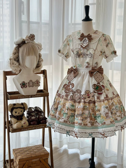 Babyblue - Little Bear Honey Jar - Kawaii Lolita Short Sleeve OP Gingerbread Man Embroidered Dress