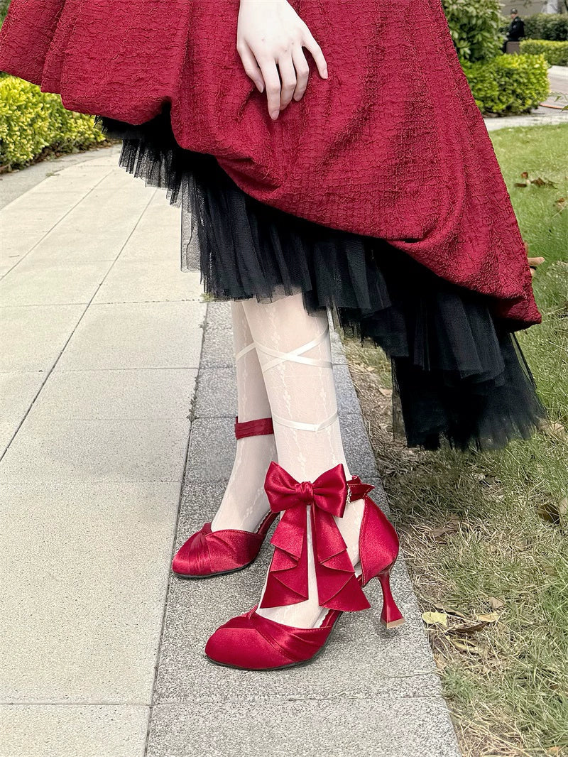 MR.Qiutian - Coronation - Elegant Lolita Shoes Satin Heels With Rose Buckle & Bow Clip