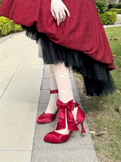 MR.Qiutian - Coronation - Elegant Lolita Shoes Satin Heels With Rose Buckle & Bow Clip