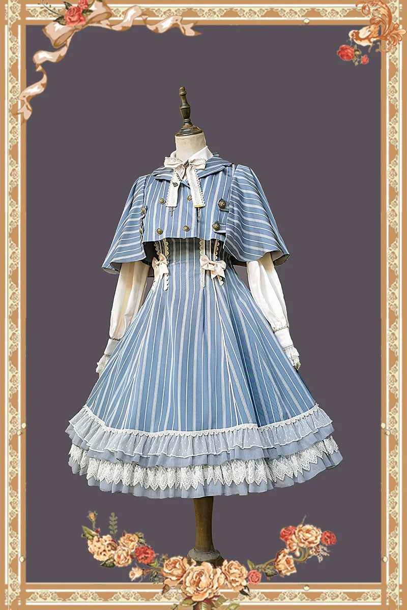 Infanta - Elegant Lolita Stripe High-waist Jumper Dress Set and Cape