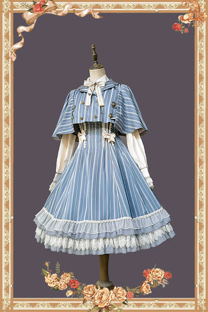 Infanta - Elegant Lolita Stripe High-waist Jumper Dress Set and Cape
