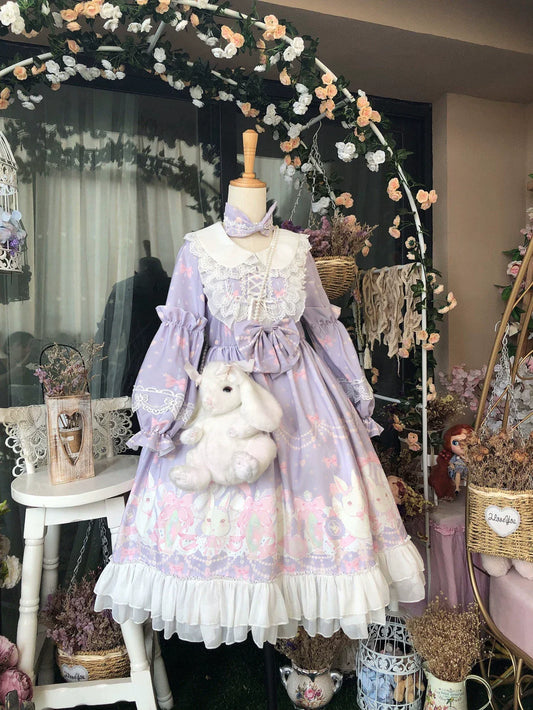 Doujiang - Kawaii Lolita OP Rabbit Print Pink Purple Lace Princess Dress