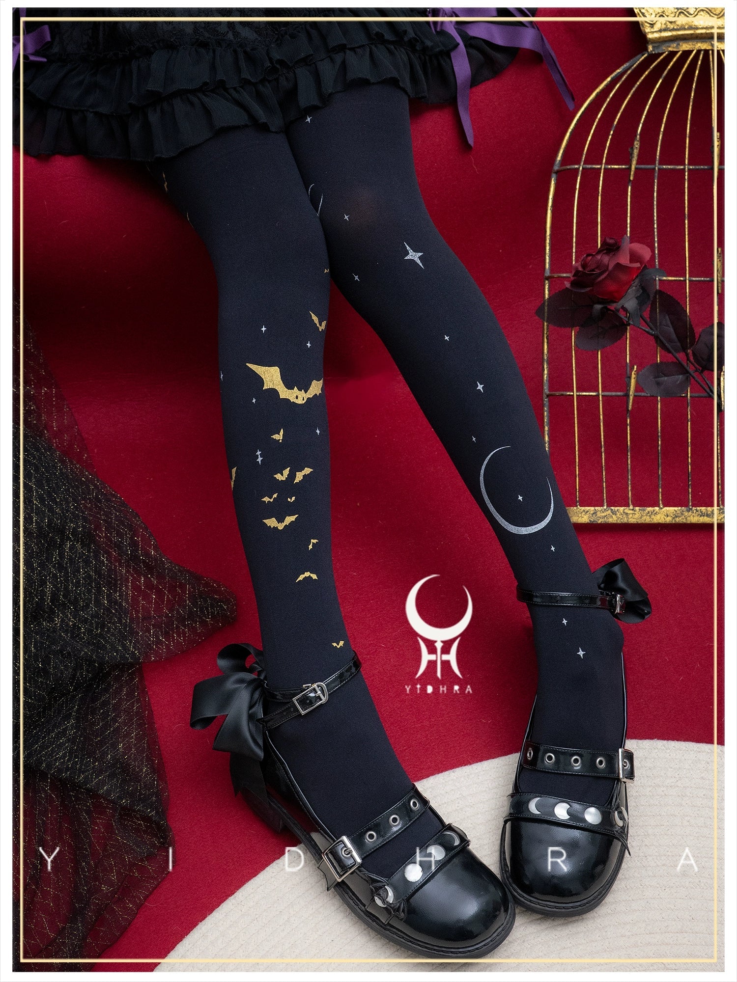 Yidhra - Night of Little Bats - Halloween Gothic Lolita Pantyhose, Bat Print