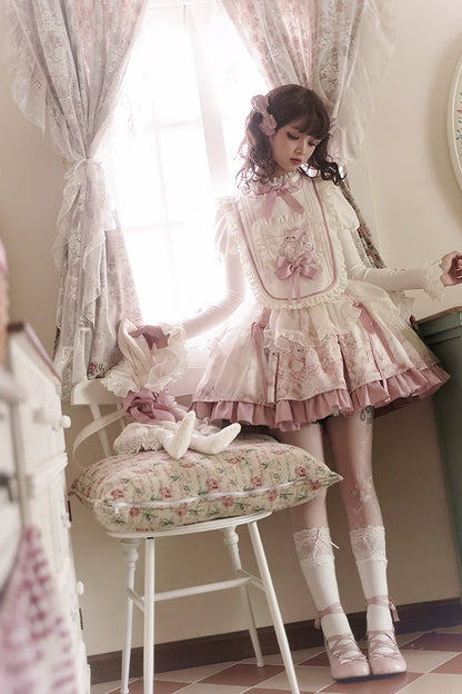 Half Sweet Lolita - Doll Garden - Sweet Lolita JSK Dress Cat Print Pink Dress Set