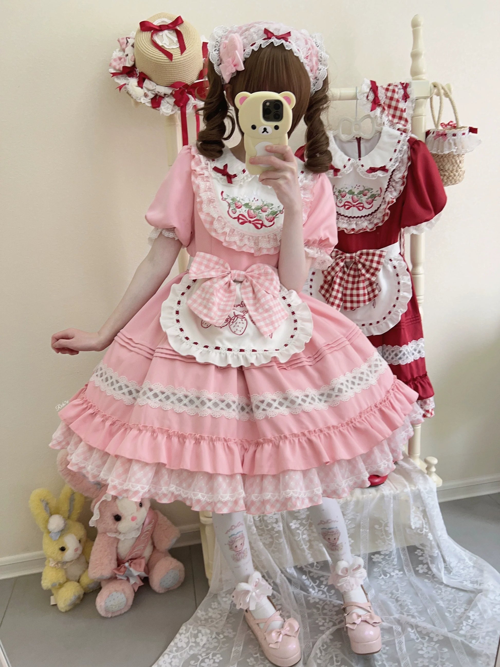Sugar Girl - Strawberry Tea - Sweet Red Lolita OP Dress Short Sleeve Apron Dress