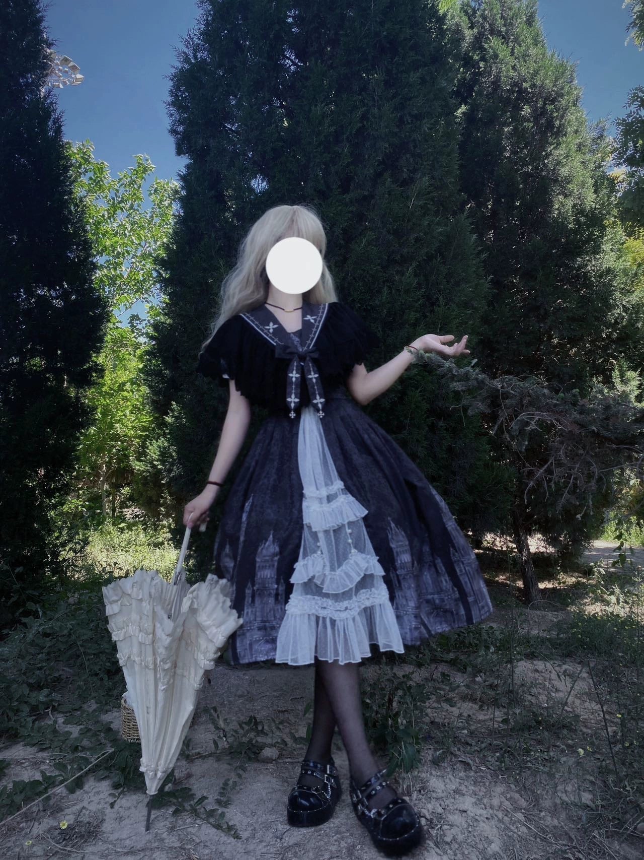 Cornfield Lolita - Silent Church - Gothic Lolita JSK Dress Printed Dress Thin Shawl Set
