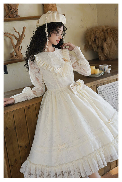With PUJI - Floral Melody - Ivory Classic Lolita Long Sleeve OP Dress with Layered Bolero