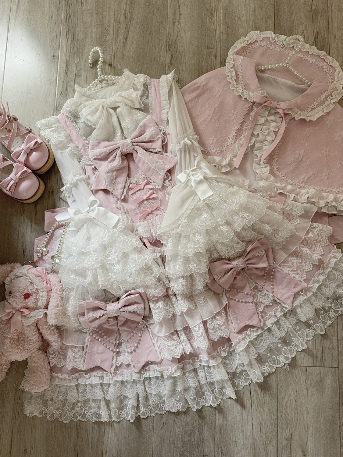 Hanguliang - Cross Heart Knot - Sweet Lolita JSK Suit Tiered Ruffles Dress with Lace Blouse