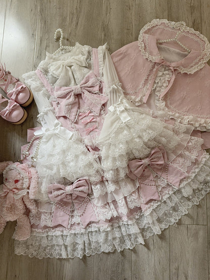 Hanguliang - Cross Heart Knot - Sweet Lolita JSK Suit Tiered Ruffles Dress with Lace Blouse