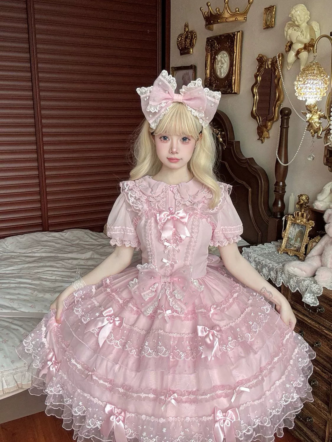 Hanguliang - Fudie Heart - Sweet Lolita JSK Dress With Tiered Skirt and Bow Trailing