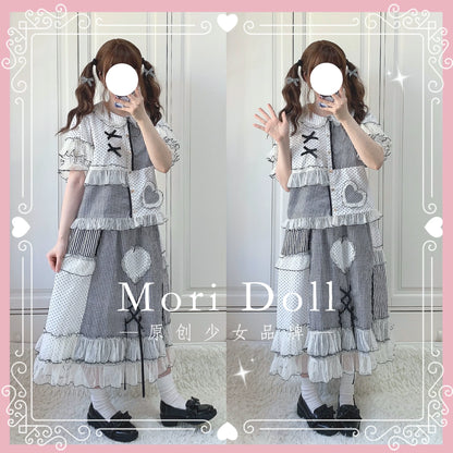 Mori Doll - Peach Tea - Sweet Lolita Dot and Stripe Print Short Sleeve Blouse